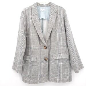 J. Jill linen-blend Blazer Women Medium Grey Plaid Two Button Boyfriend Jacket